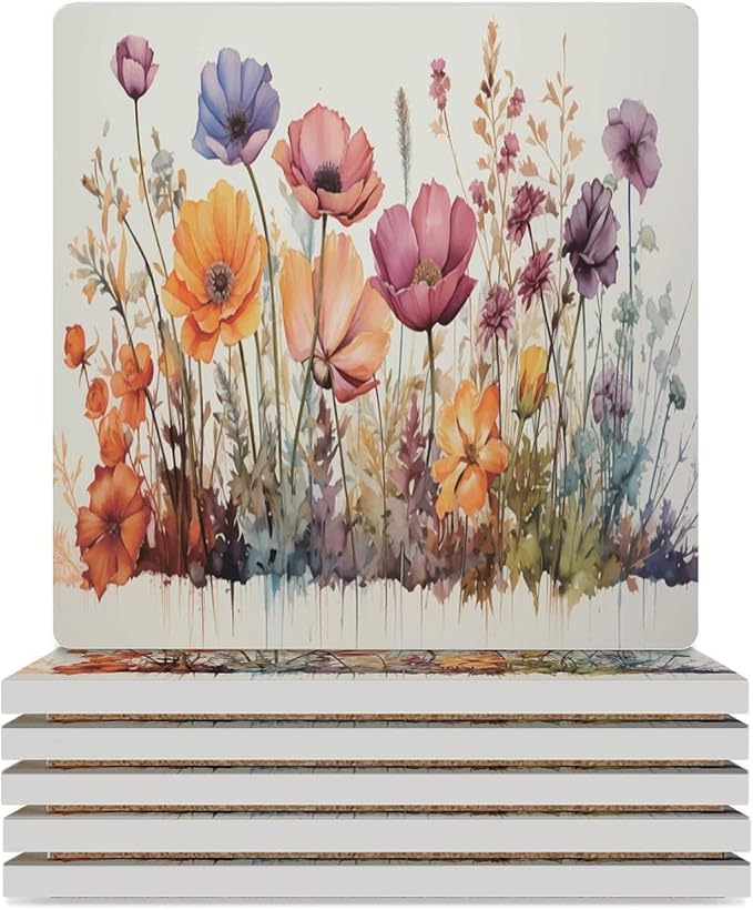 Square-6PCS Floral Ceramic Coasters, Square Absorbent Drink Coasters, Watercolour Abstract Floral Beautiful Florets Design Ceramic Table Coasters for Coffee, Beverage, Wine, Beer Coasters
