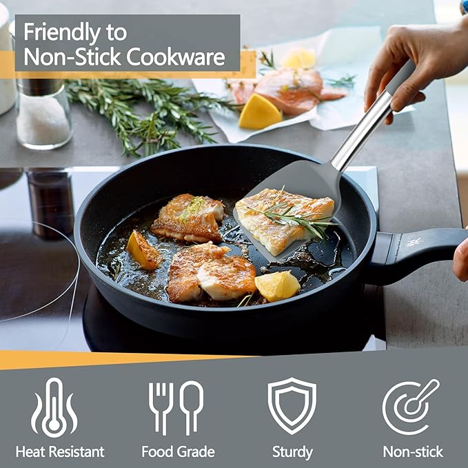P&P CHEF Gray Kitchen Cooking Utensil Set of 4, Silicone Solid Spatulas Slotted Spoons Turners for Non-stick Cookware Flipping Mixing, Heat-proof