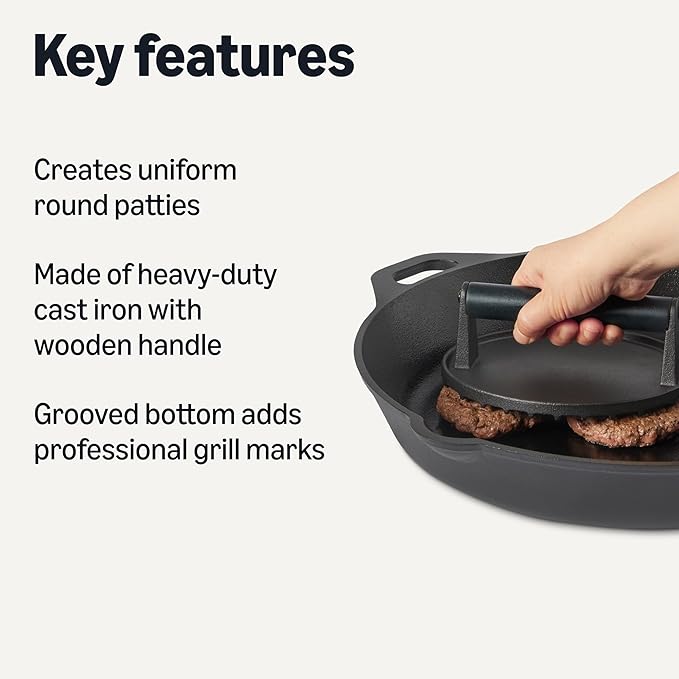 Amazon Basics Cast Iron Burger Press with Wooden Handle, Round, 6.8 x 2.7 inch, Black, 1-Pack