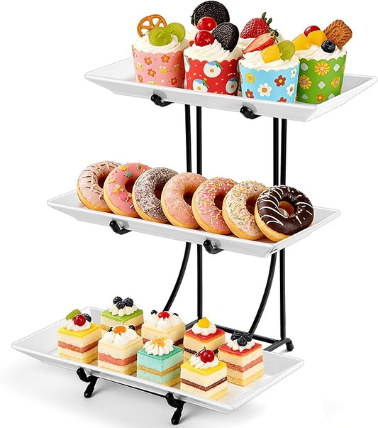 Yedio 3 Tier Serving Tray Set – 12 Inch Porcelain Serving Platters with Pre-Assembled Black Metal Stand, No Installation Required, Tiered Tray for Dessert Fruit Food Display and Party Entertaining