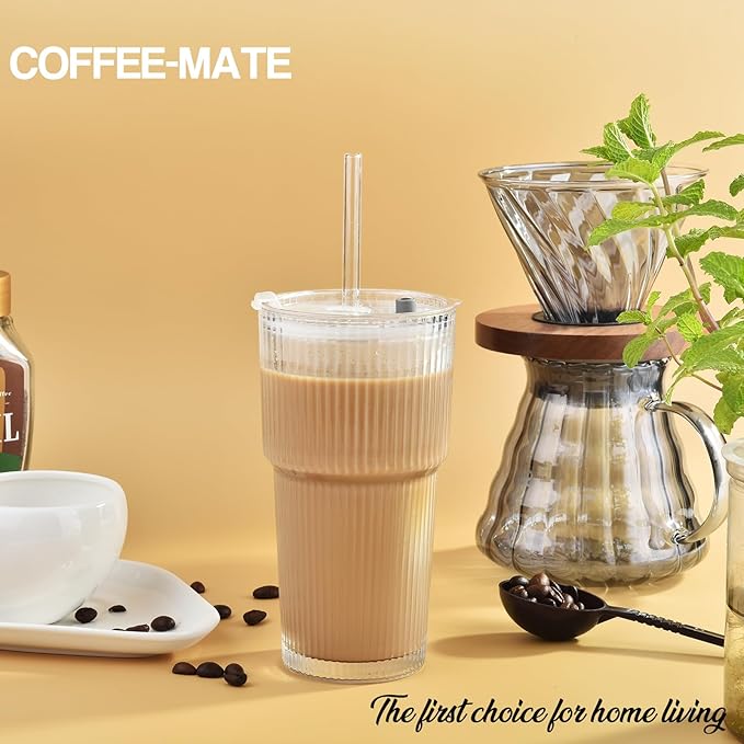 Haundry 20 oz Ribbed Glass Tumbler with Lids and Straws, 4 Pack Iced Coffee Cups, Thickened Glassware Set, Ripple Design Glass Cups for Coffee, Soda, Smoothies, Cocktails and Juice