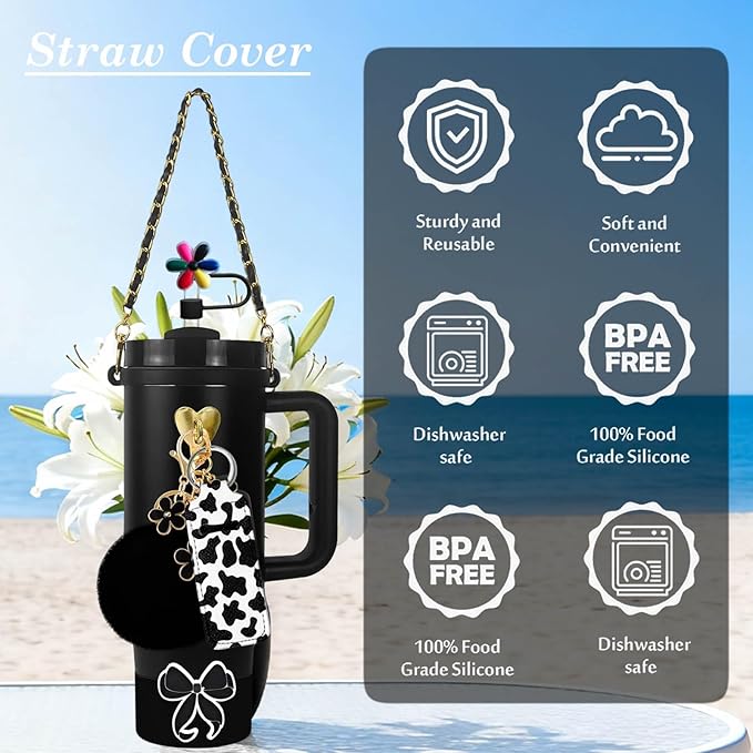 Accessories Set Including Water Bottle Handle Strap, Silicone Boot, Resin Butterfly Straw Cover, Straw Topper, Lip Balm Sleeve, Butterfly & Hairball Charms for Stanley Cup Tumbler