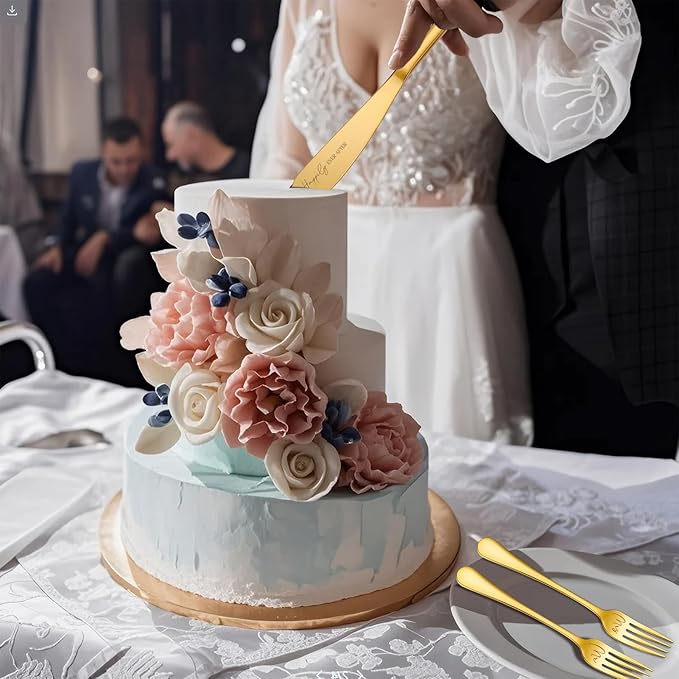 Wedding Cake Knife and Server Set, 4 Pack Stainless Steel Cake Cutting Knife, Slicer and Forks Server for Wedding, Anniversary, Birthday, Baby Shower(Gold)