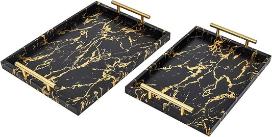 Modern Decorative Tray Set of 2 - Black and Gold Marble Wood Serving Tray with Gold Polished Metal Handles for Ottoman, Coffee Table, and More
