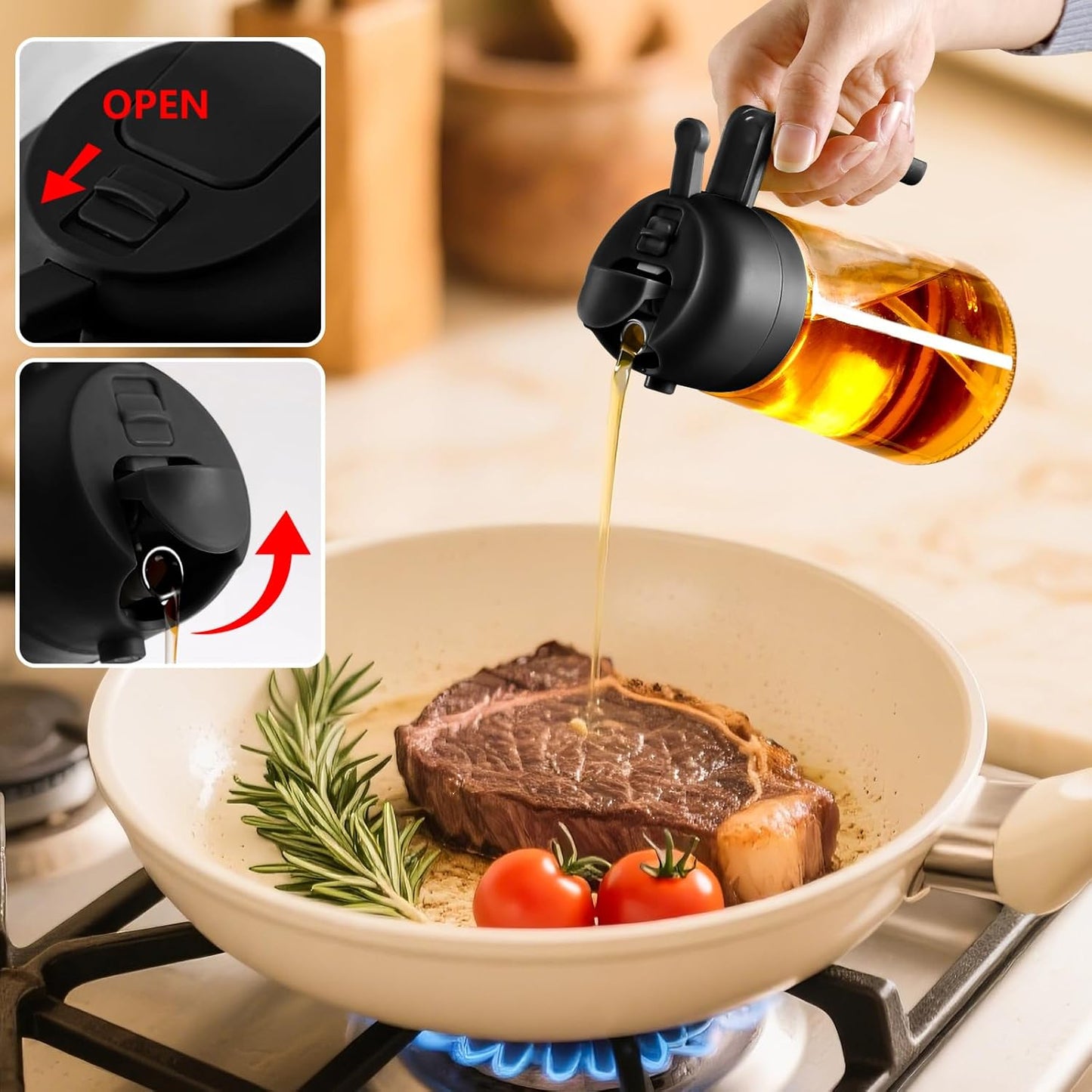 Olive Oil Sprayer for Cooking, 470ml 2 In 1 Glass Oil Dispenser/Pour Bottle, Kitchen Accessories, Kitchen Gadgets for Air Fryer, Salad, BBQ
