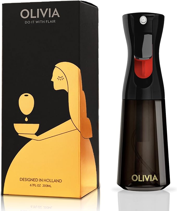 FLAIROSOL OLIVIA Oil Sprayer for Cooking, 200ml Glass Olive Oil Sprayer, Continuous Cooking Spray Dispenser with Portion Control for Kitchen, Air Fryer, Salad, BBQ (Black Bottle, Gold Print)