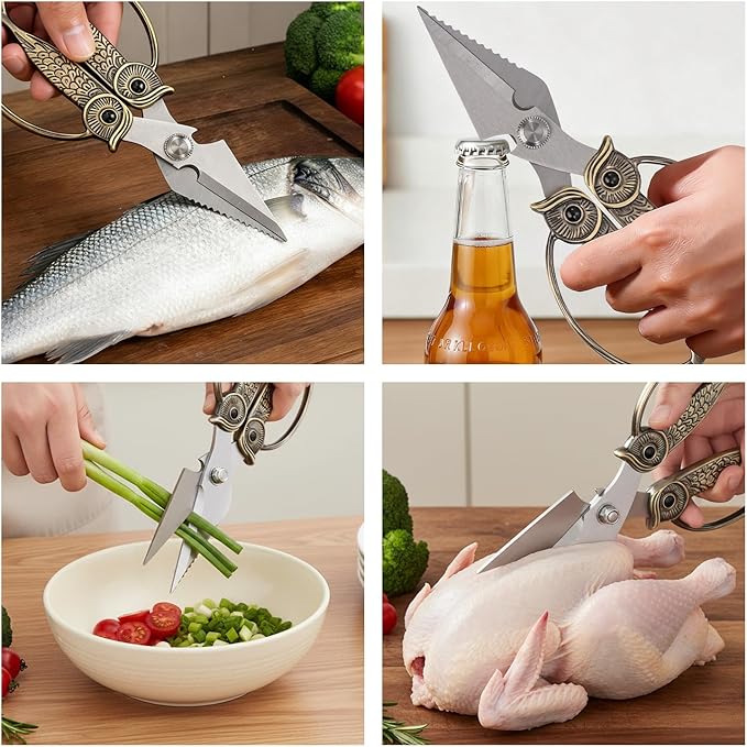 WARMHEART Owl Kitchen Scissors All Purpose, Stainless Steel Heavy Duty Sharp Shears for Meat, Chicken, Fish, Poultry, Herb, Bread (Golden, Large)
