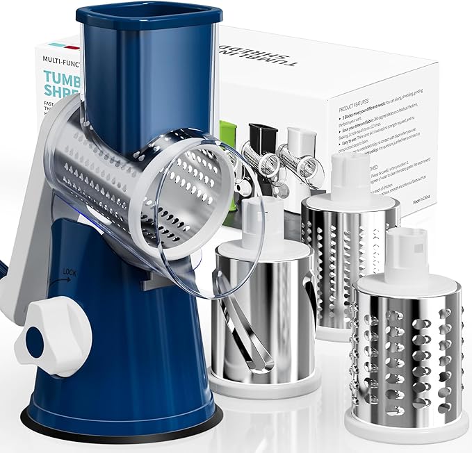 Rotary Cheese Grater Hand Crank, 3 Blades Slicer Shredder, Cheese Grater for Kitchen, Multi-Functional Kitchen Tool for Vegetables, Nuts, Chocolate, with Strong Suction Base, Dark Blue