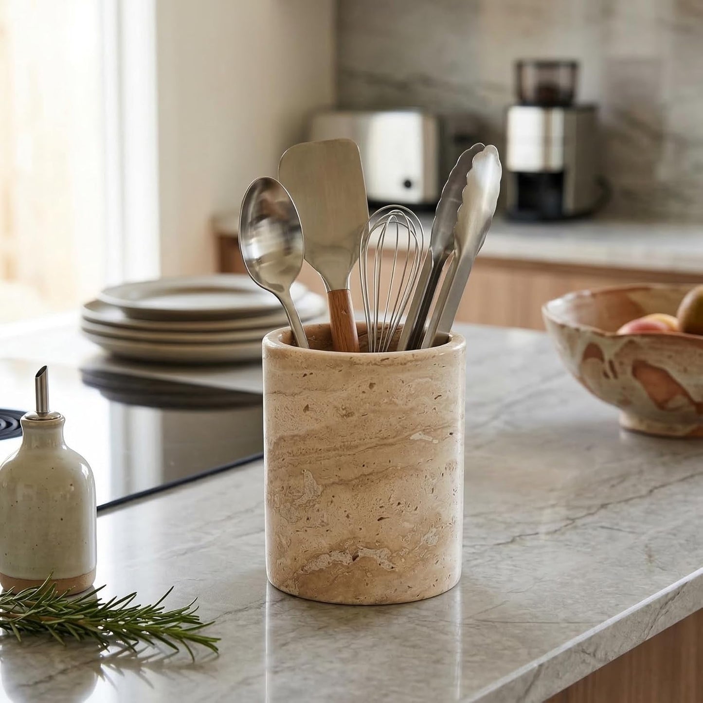 Natural Travertine Utensil Holder for Kitchen Countertop – Heavy & Stable Real Stone Utensil Crock, Large Spoon & Spatula Organizer, Rustic Premium Kitchen Decor, Housewarming Gift, Beige