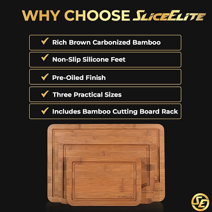SliceElite Rich Brown Carbonized Bamboo Cutting Board Set 3 Piece Kitchen Boards with Deep Juice Groove Non Slip Silicone Feet Space Saving Rack Stand for Chopping Serving Meal Prep and Charcuterie