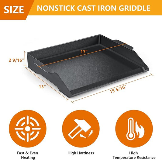 Universal Cast Iron Griddle 17" X 13",Stove Top Griddle for Gas Grills,Fire Pits,And Ovens,Nonstick Coating Teppanyaki Grill Pan for Stove Top With Extra High Sidewalls for Outdoor Cooking
