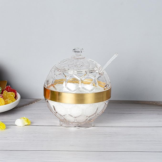 Clear Acrylic Sugar Bowl with Lid and Spoon,10 oz Sugar Container for Coffee Bar Accessories, Sugar Jar(Gold-plated)
