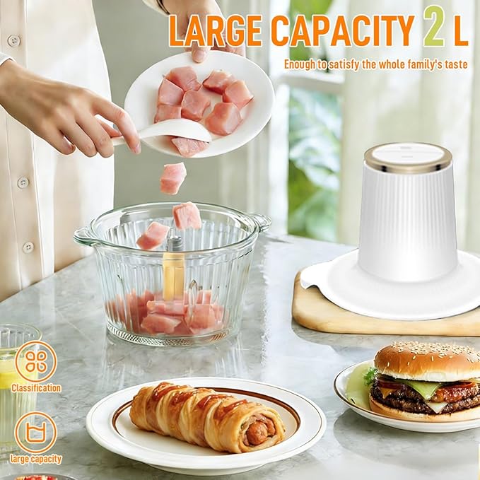Food Processor, 2 Speed Meat Grinder Electric Food Chopper with 2 Bi-Level Blades Mini Kitchen Cutter for Vegetable, Onion, Garlic, Meat, Nuts, and Baby Food (White-2L)