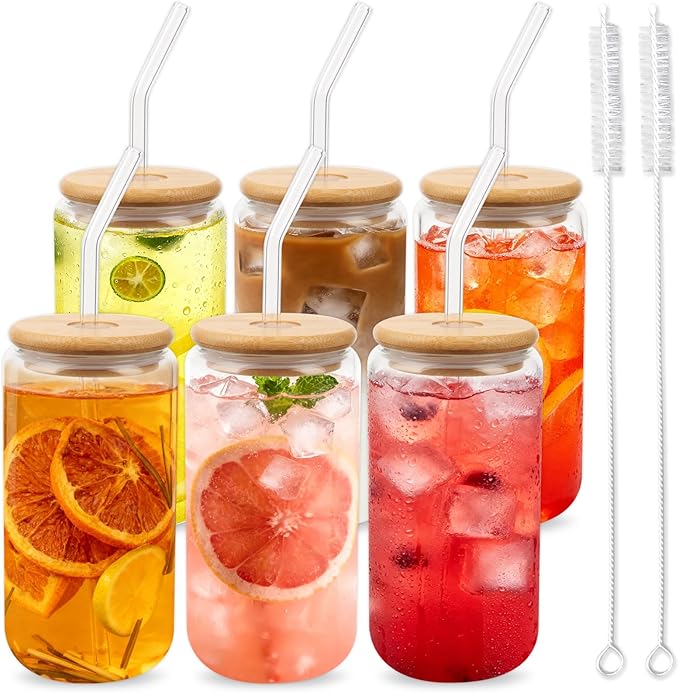 Alotpower Borosilicate Glass Cups with Lids and Straws, 16 oz Reusable Tumbler Set (6-Pack) Includes Bamboo Lids, Glass Straws & Brush for Iced Coffee, Bubble Tea, Cold Beer, Juice