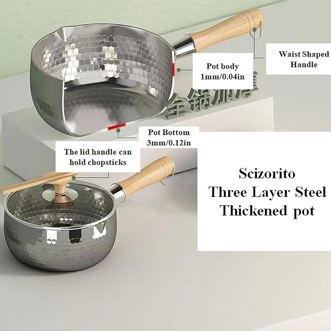 Scizorito 2.2 Quart Silver Stainless Steel Sauce Pot with Inverted Mouth, Solid Wood Handle, Hook, Lid, Suitable for Induction, Gas, Electric Stoves