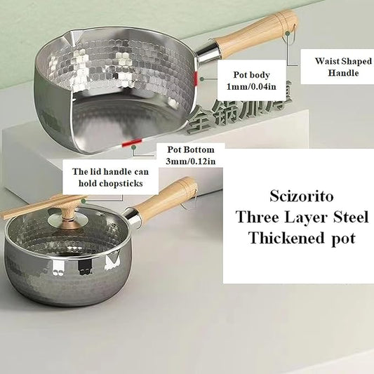 Scizorito 2.2 Quart Silver Stainless Steel Sauce Pot with Inverted Mouth, Solid Wood Handle, Hook, Lid, Suitable for Induction, Gas, Electric Stoves