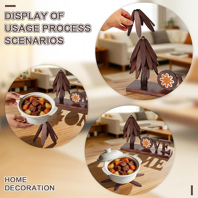 Wooden Trivets for Hot Dishes, 4 Piece Set Foldable Kitchen Wooden Trivet Interchangeable Love Sign, for Hot Dishes, Pot, Bowl, Teapot, Hot Pot Holder, for Home Table Valentines Day Mom Decor.