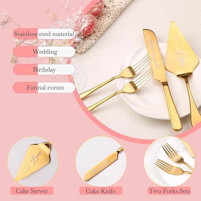 GURUDAR Wedding Cake Knife and Server Set with Forks for Bride and Groom, 4 Pieces Mr and Mrs Wedding Cake Cutting Set For Bridal Shower Gifts Couple Engagement Birthday Anniversary, Gold