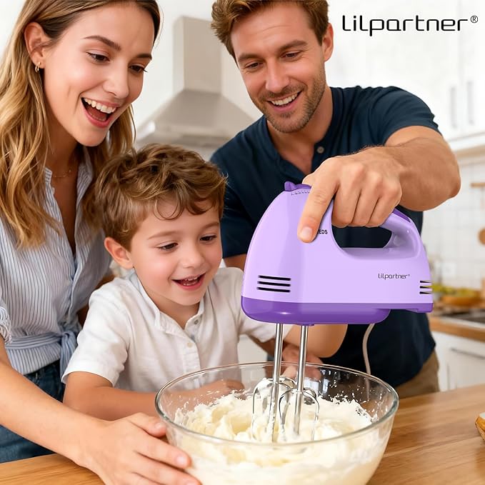 LILPARTNER Hand Mixer Electric, Small Food Mixer 7 Speeds Handheld Blender,304 *(1* Whisk, 2* Beater, 2*Dough Hook) Kitchen Blender for Cream, Cookies, Dishwasher Safe, Purple