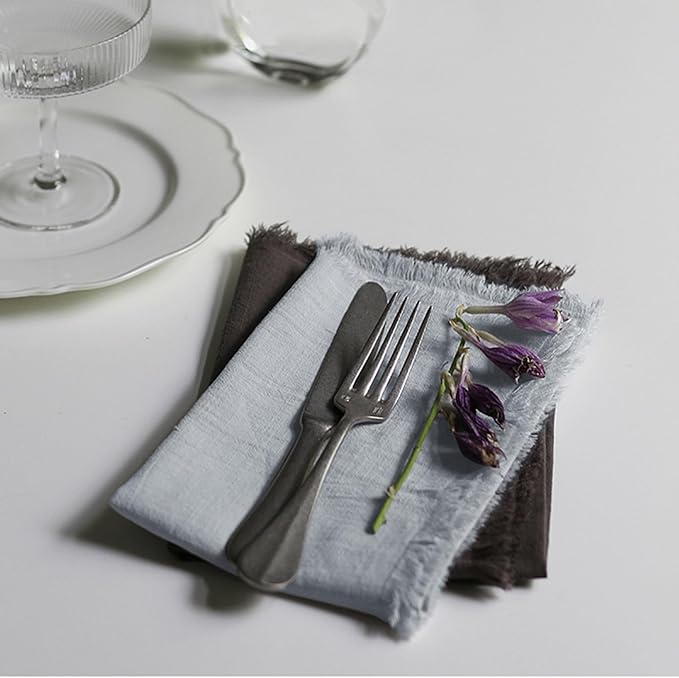 Handmade Cloth Napkins 100% Cotton Napkins with Fringe，Delicate Handmade Cloth Napkins for Dinners, Parties, Weddings and More，18 x 18 Inch Set of 6 - Light Grey