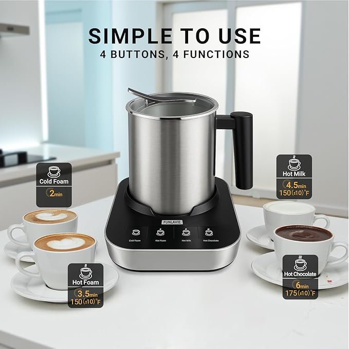 FUNLAVIE 4-in-1 Electric Milk Frother and Steamer, Large 13.5oz Stainless Steel Pitcher, Hot & Cold Foam Maker and Milk Warmer for Lattes, Cappuccinos, Macchiato,Hot Chocolate, Dishwasher Safe