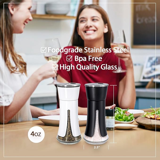 Aelga Farmhouse Salt and Pepper Shakers - Salt Shaker with Adjustable Pour Holes for Himalayan, Kosher, Black and White