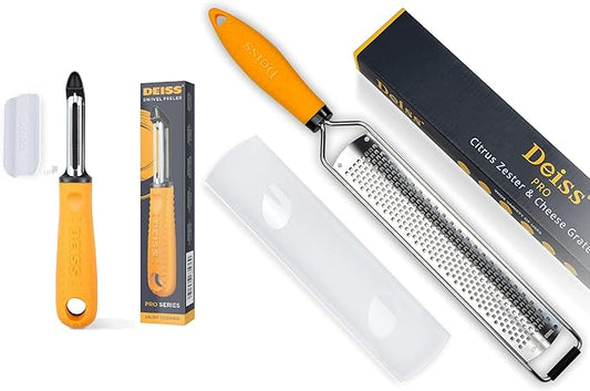 Deiss PRO Lemon Zester & Heavy Duty Cheese Grater, Vegetable Grater and Swivel Vegetable Peeler - Sharp Stainless Steel Peeler With Easy Non-Slip Hand Grip