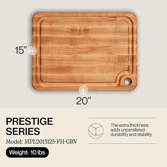 John Boos Prestige Series Rectangular Wooden Maple Cutting Board 20”x15” – 1.25” Thick, 10-lb Reversible Butcher Block with Juice Groove, Edge-Grain & Finger Grip Hole – Made in the USA