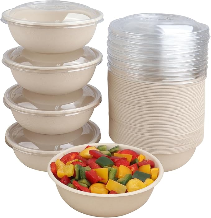 JAYEEY 28 oz Disposable salad bowls with lids, Sugarcane Fiber Paper Bowls Deli Container 50 Pack