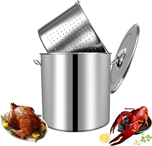 MANNY HOME 24-Quart Stainless Steel Seafood Stockpot with Basket, Crawfish, Crab, Lobster Boil StockPot, Shrimp Boil Stock Pot with Strainer, Turkey Fryer Pot,27L,7Gallon