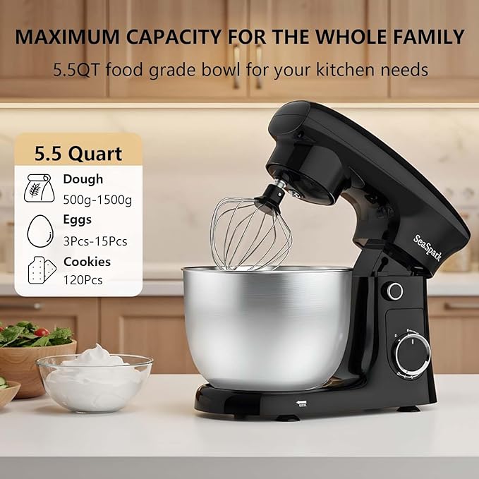 SeaSpark Stand Mixer, 3 in 1 Stand Mixer, 5.5Qt Electric Mixer, Mixer with Stainless Dough Hook, Wire Whip & Beater, Food Mixer for Baking, Cake and Most Home Cooks, Black
