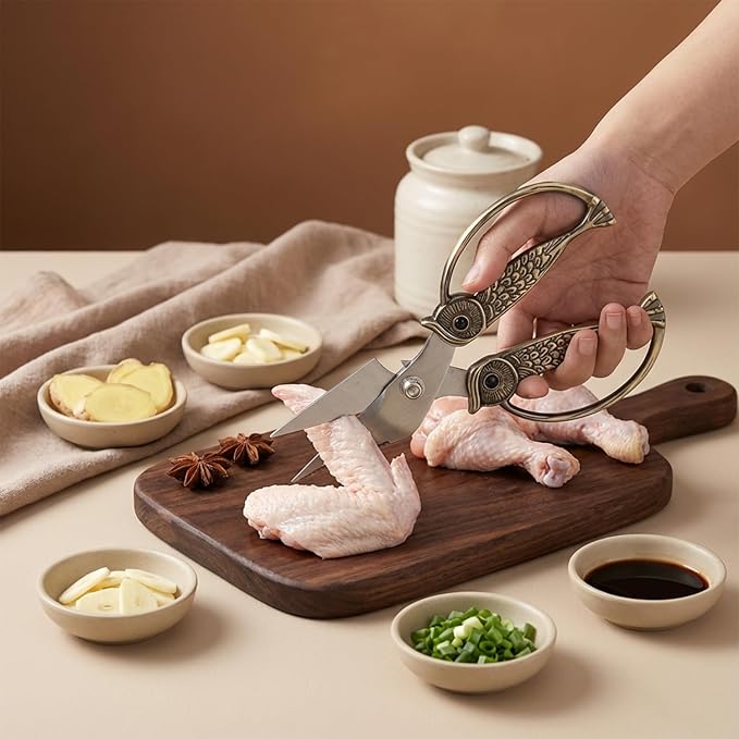 WARMHEART Owl Kitchen Scissors All Purpose, Stainless Steel Heavy Duty Sharp Shears for Meat, Chicken, Fish, Poultry, Herb, Bread (Light Gold, Large)