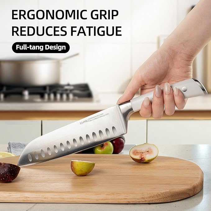 Kitchen Knife Set Premium, Japanese High Carbon Stainless Steel 15 Pcs Enduring Ultra Sharp Knife Block Set with Sharpener and Wood Block, Professional White Chef Knives set for Kitchen