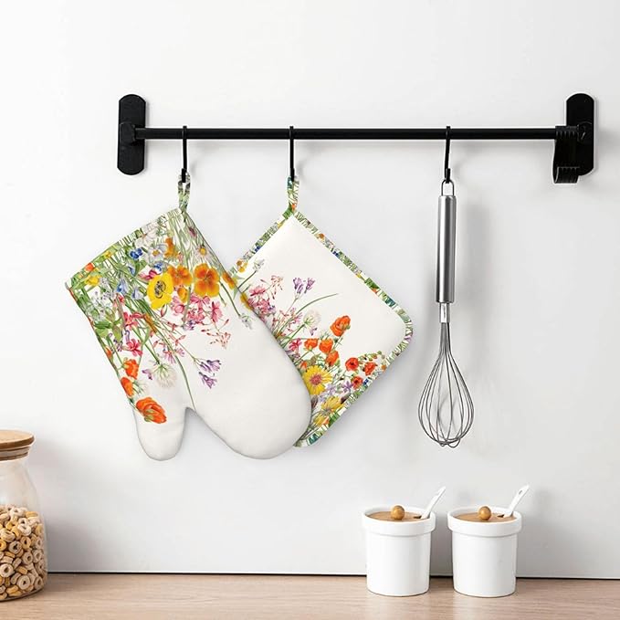 Colorful Floral Silicone Oven Mitts and Pot Holders Sets Vintage Botanical Floral Plant Kitchen Mitts Potholder Kitchen Accessories for Cooking Baking BBQ