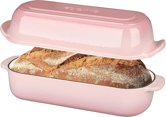 EDGING CASTING Enameled Cast Iron Loaf Pan with Lid, Bread pan, Dutch Oven Bread pan for Homemade Sourdough Bread Baking, 12.5x5.5 inch, 5qt, Pink