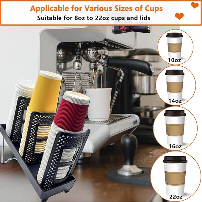 Paper Cup and Lid Holder,CIT ZCFYU Adjustable Disposable Coffee Cup Dispenser, 3-Slot Upright Plastic Cup Holder Organizer for Coffee Stations, Kitchens, Bars, Restaurants, Lounges (Black)