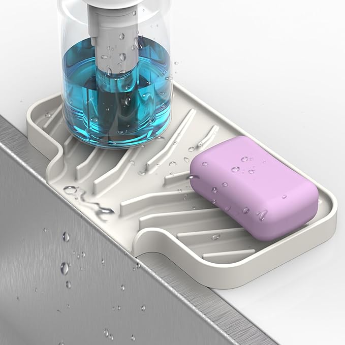 Sponge Holder for Kitchen Sink, 6"×4" High Slope Soap Tray, Silicone Sponge Holder with Drain, Dish Soap Mat for Shower Bathroom, Perfect for Bottle,Cup on Sink or Counter (Cream, 6×4)