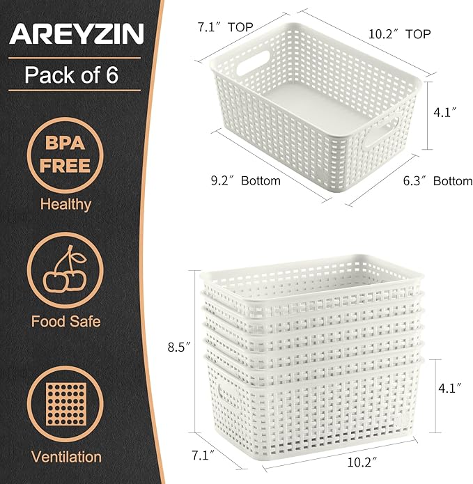 AREYZIN Plastic Storage Baskets Set of 6 Sturdy Pantry Organizers and Storage Bins Storage Container for Shelves, Countertops, Desktops, Cabinets, Bedrooms,White