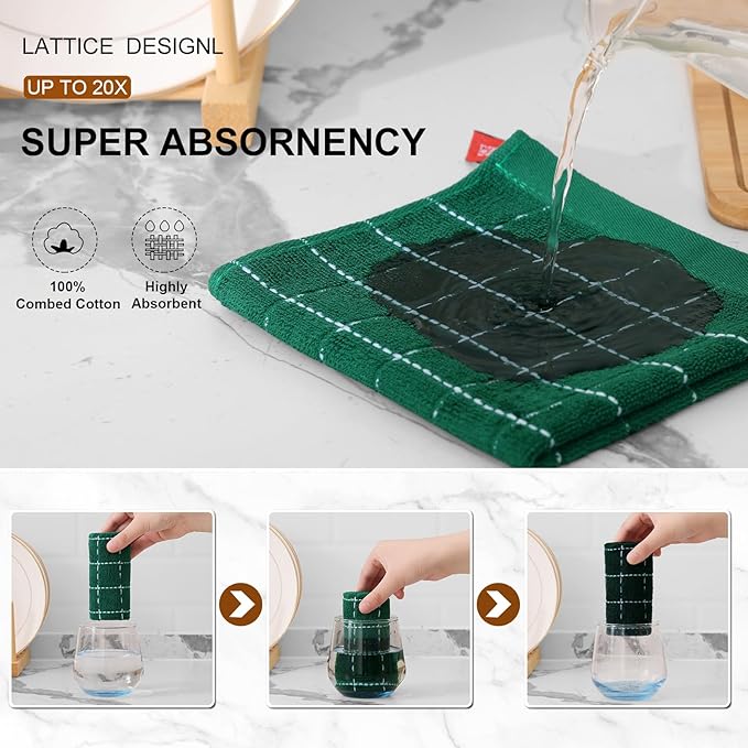 Mordimy 100% Cotton Terry Cloth Dish Cloths, Soft and Absorbent Checkered Dish Towels, Quick Drying Dish Rags for Washing Dishes, 8 Pack, 12 x 12 Inches, Dark Green