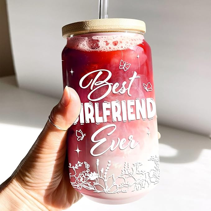 Gifts for Girlfriend 16 Oz Coffee Glass Cup with Lid and Straw & Brush Romantic Love Drinking Glasses Girlfriend Gift for Her Women Lover Valentines Day Anniversary Birthday Christmas