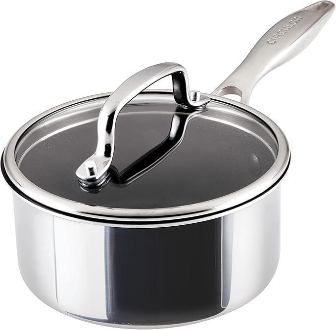 Circulon C1 Series Clad Stainless Steel with ScratchDefense Technology Cookware Nonstick Induction Saucepan with Lid, Metal Utensil Safe, 1.5 Quart - Polished Stainless Steel