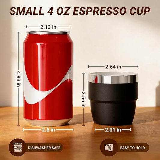 4 oz Small Espresso Cup, Ceramic-Lined 18/8 Stainless Steel, Double-Wall Vacuum Insulated, Stackable, Dishwasher Safe, Fits Most Espresso Machines, 6 Pack, Black/White/Lilac/Wine Red/Navy/Blue