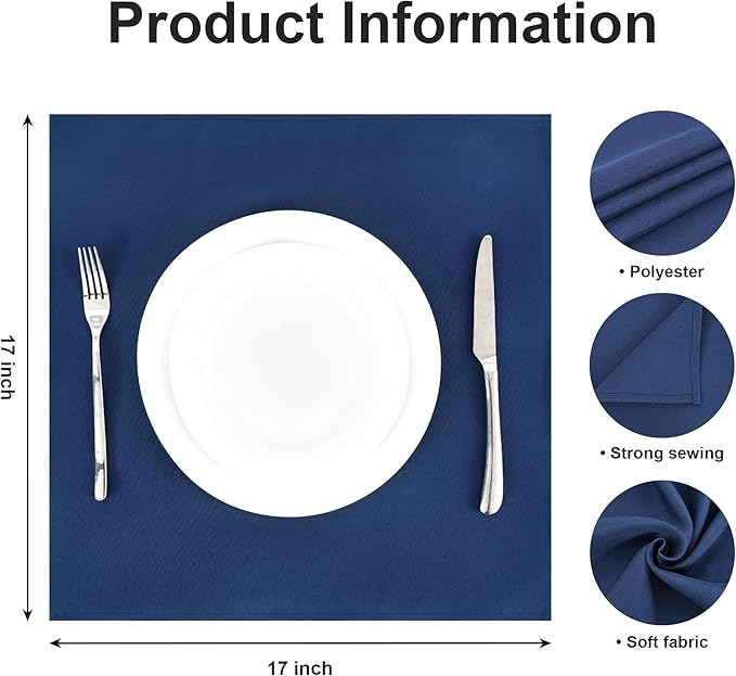 Wolkemer Set of 4 Navy Blue Cloth Napkins 17 x 17 Inches Solid Washable Polyester Dinner Napkins with Hemmed Edges for Dinners Parties Weddings Banquets Events Table Decoration