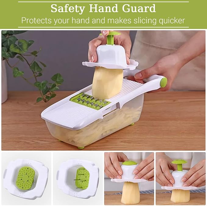 ADOV All in 1 Mandoline Slicer for Kitchen, Multi Function Fruit and Vegetable Slicer Vegetable Cutter, Interchangeable Stainless Steel with Food Container, Hand Protector, Julienne Slicers for Salad
