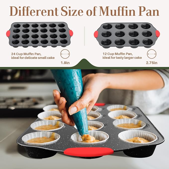 Slow Slog 11-Piece Nonstick Stackable Baking Pans Set, Toxin-Free Bakeware Sets, Baking Pan Set with Silicone Handles, Includes Cookie Sheets, Loaf Pan, Pizza Pan, Muffin Pan, Red&Black