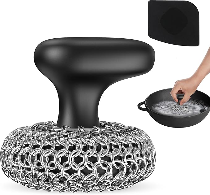Purgreat Cast Iron Scrubber | Dish Scrub Brush | 316 Cleaner Chainmail Scrubber for Cast Iron Pan Skillet Cleaner - Dish Scouring Pad Dishwasher Safe Cleaning Kit, Black 02