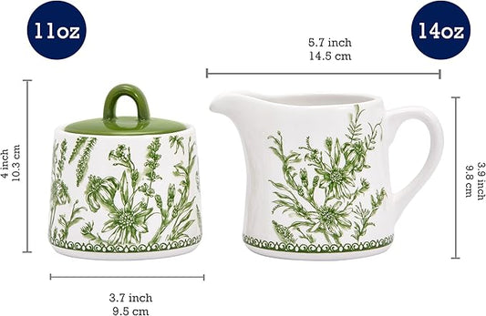 Bico Green Garden Toile De Jouy Ceramic Sugar and Creamer Set, Sugar Bowl with Lid, Cute Container for Coffee Bar, Kitchen Countertop Accessories, Microwave and Dishwasher Safe
