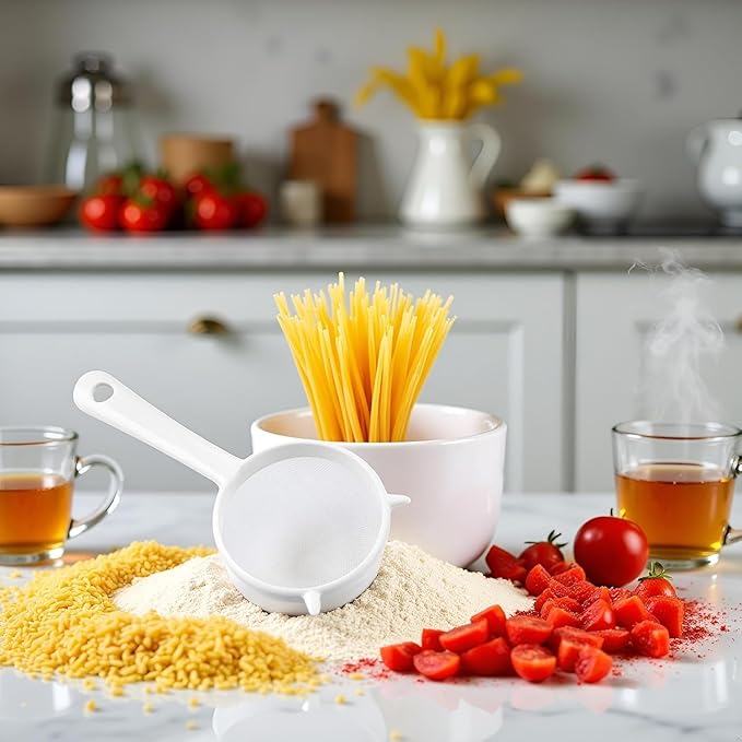 Small White Plastic Mesh Kitchen Sifter, Strainer Colander with Handle for Tea, Pasta, Flour, Rice, Fruits, Vegetables, Food Strainers