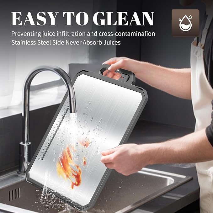 1PCS Stainless Steel Cutting Board, Double Sided Non Toxic Chopping Board for Kitchen, Food Grade, Easy to Clean, 17.2"*12" Large Size (1 side Stainless Steel Other side Wheat Straw PP)