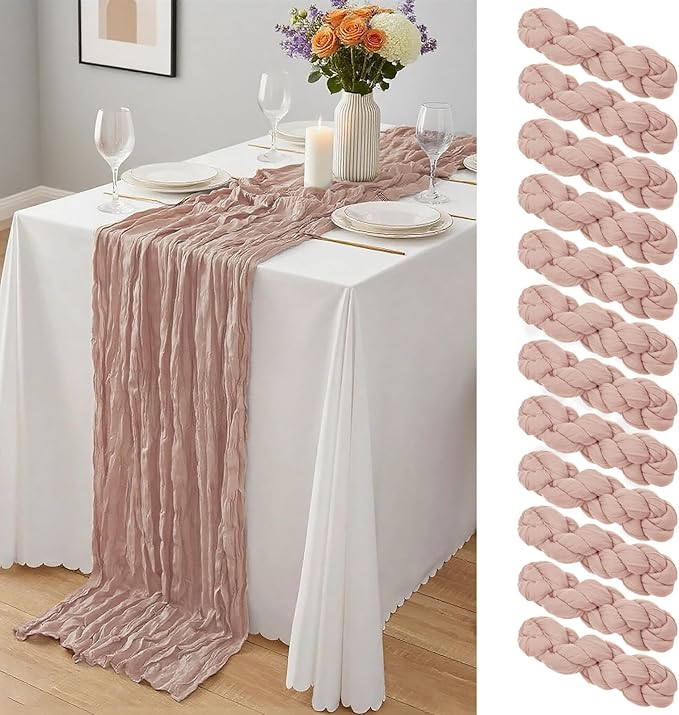 12 Pcs Dusty Pink Cheesecloth Table Runner 10Ft, Gauze Table Runners 21.5 x 120 inch,Semi Sheer Cheese Cloth Fabric Runner Bulk for Wedding,Party,Baby Shower,Bridal Shower